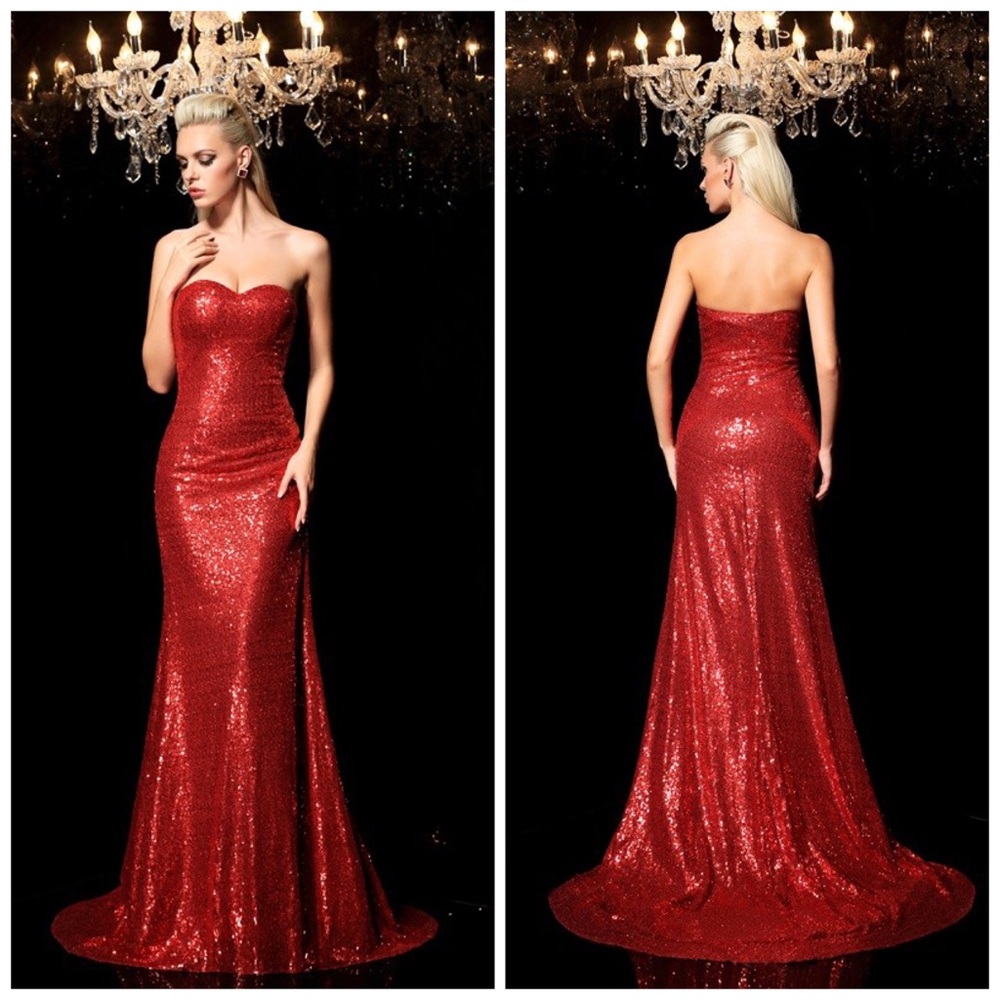 HEBEOS deep Red Sheath Sweetheart Sequin Sleeveless Long Gown Dress Size 0